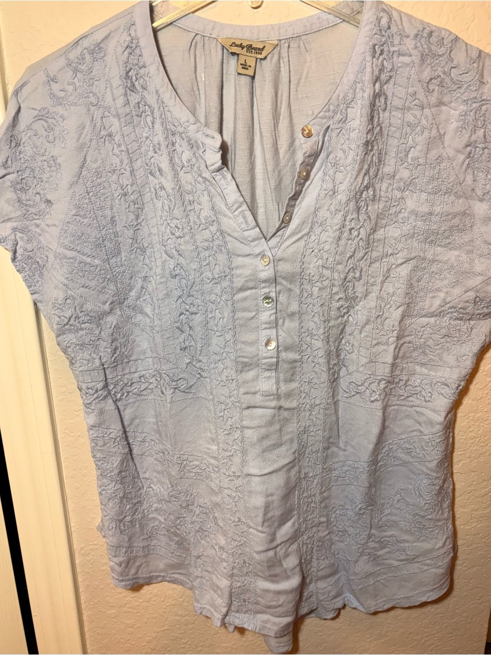 Lucky Brand Light Blue Embroidered Button V-Neck Blouse